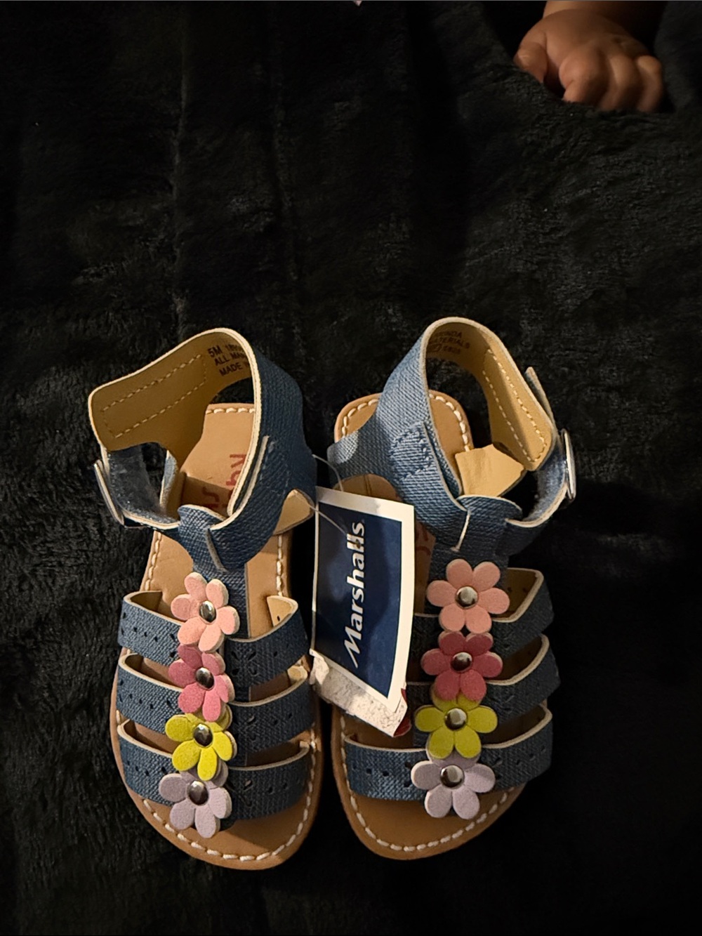 Marshalls Navy Girls Floral Strap Sandals with Multi-Color Flowers